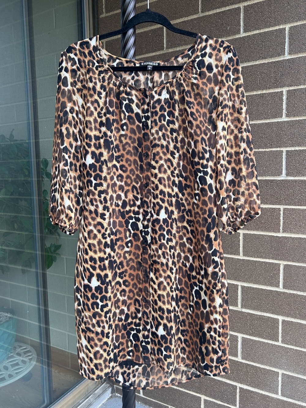 Express Leopard Print XS Dress with Attached Slip- Brown & Black - 3/4 Sleeves